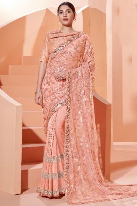 Most Demanding Designer Heavy Party Wear Lycra Peach Saree with Raw Silk Blouse