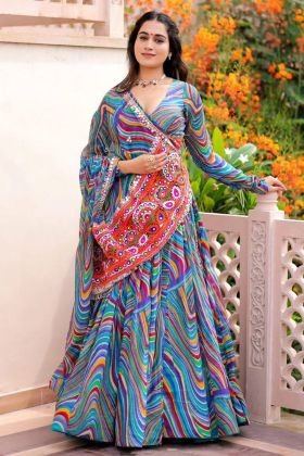 Multi Blue Color Faux Georgette Navratri Special Lehenga Choli