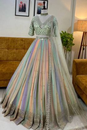 Multi Color Digital Printed Striped Lehenga Choli