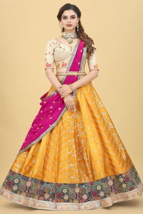 Mustard Yellow Zari Embroidery Work Lehenga Choli