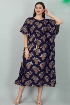 Navy Blue 14 Kg Rayon Gold Print Kaftan