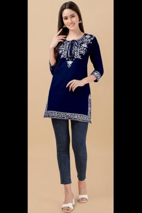 Navy Blue Embroidery Work Rayon Short Kurti