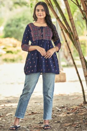 Navy Blue Heavy Rayon Printed Kurti