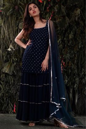 Navy Blue Mukaish Work Georgette Straight Dress