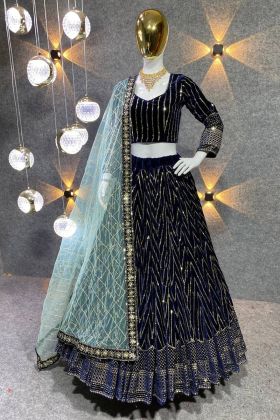 Navy Blue Viscose Velvet Sequence Work Lehenga Choli