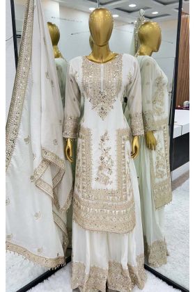 New Designer White Color Pure Chinnon With Heavy Embroidery Coding Dori Sequence Work Top Bottom