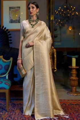 Occasionally Wear Beige Soft Lichi Silk Saree