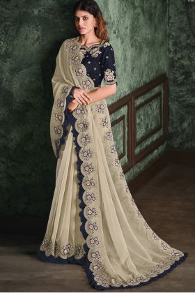 Off White Color Zari Organza Weeding Wear Resham and Cord Embroidery Work Saree