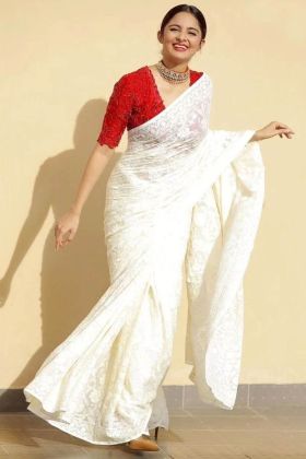 Off White Embroidery Work Designer Saree