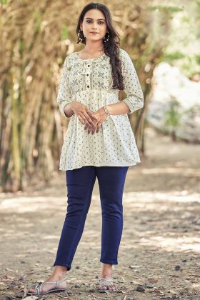 Off White Printed Readymade Kurti