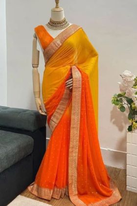 Orange Foil Printed Two Tone Georgette Saree