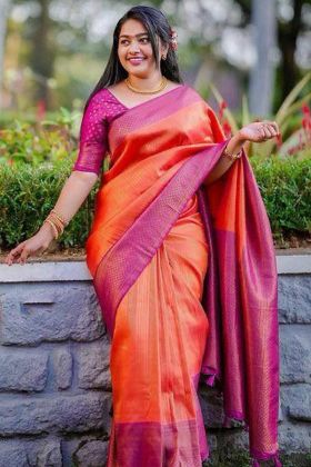 Orange Lichi Silk Jacquard Work Saree