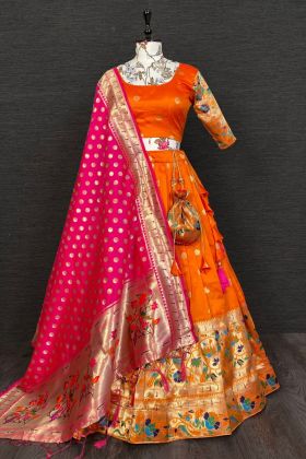 Orange Zari Weaving Work Silk Lehenga Choli