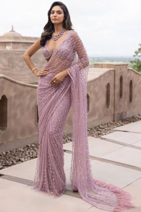 Party Special Dusty Rose Pink Nylon Net Saree