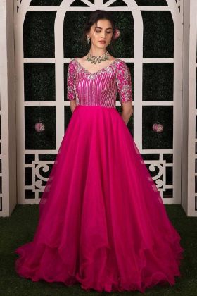 Party Wear Magenta Pink Butterfly Net Embroidery Neck Gown