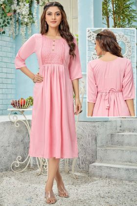 Pastel Pink Slub Silk Nayra Side Cut Kurti