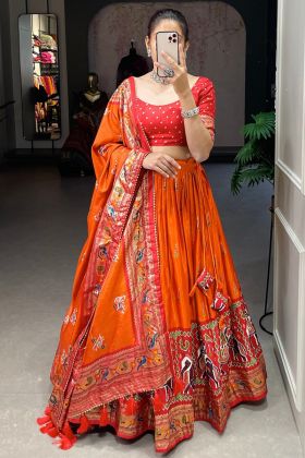 Patola Printed Orange Dola Silk Lehenga Choli