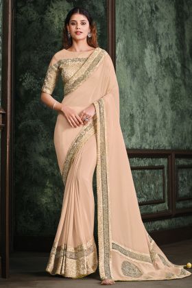 Peach Color Festival Wear Silk Georgette Cord Embroidery Saree  stone handwork