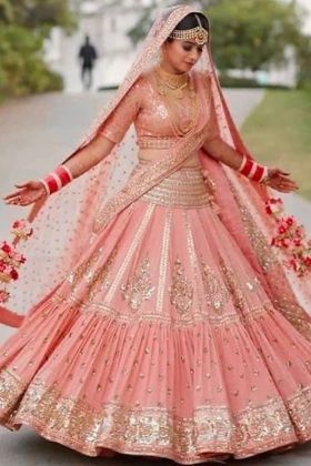 Peach Faux Georgette Embroidered Wedding Lehenga Choli