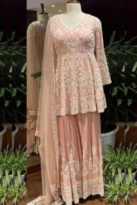 Peach Faux Georgette Pearl Moti Work Sharara Salwar Suit