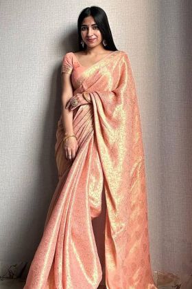 Peach Golden Zari Weaving Work Saree