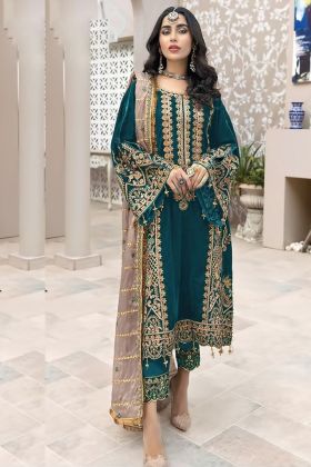 Peacock Blue Faux Georgette Embroidery Work Salwar Suit