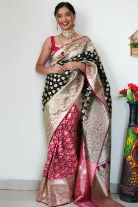 Pink And Black Lichi Silk Half And Half Saree