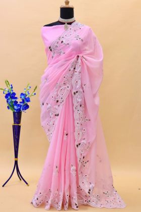 Pink Organza Silk Thread Work Saree