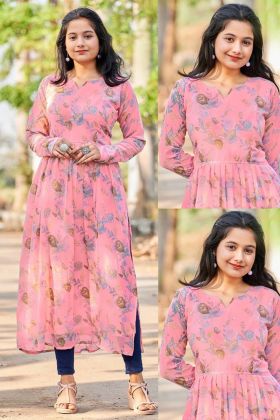 Pink Printed Long Sleeves Readymade Kurti