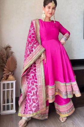 Pink Taffeta Silk Thread Work Anarkali Gown