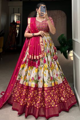 Pink Tussar Silk Floral Printed Lehenga Choli