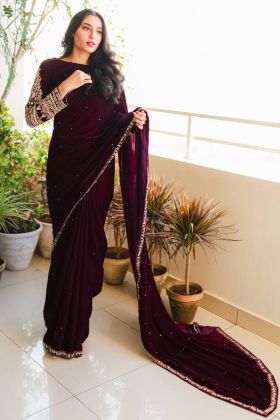 Plum Purple 9000 Pure Velvet Sequence Work Saree