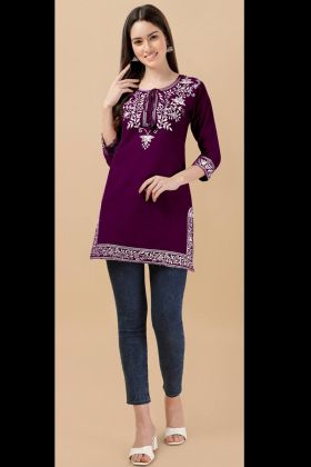 Plum Purple Embroidery Work Short Kurti