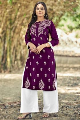 Purple Embroidery Work Kurti With Palazzo