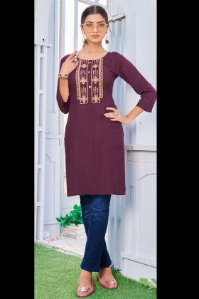 Purple Embroidery Work Short Kurti