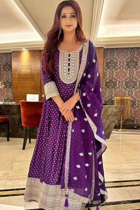 Purple Faux Georgette Embroidery Work Gown