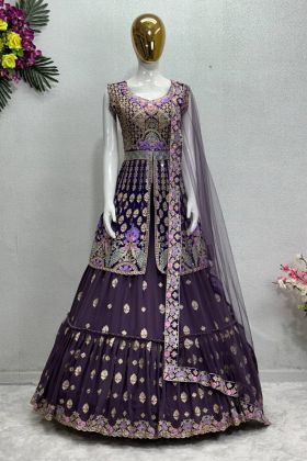 Purple Half Sleeves Chine Stitch Work Bridal Wear Lehenga Choli