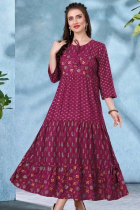 Purple Rayon Printed Anarkali Kurti