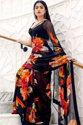 Rashmika Mandana Wear Black Printed Saree