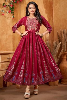 Red 14 Kg Rayon Printed Anarkali Kurti