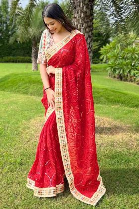 Red Chinakari Work Faux Georgette Saree