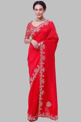 Red Chinon Silk Coding Work Saree