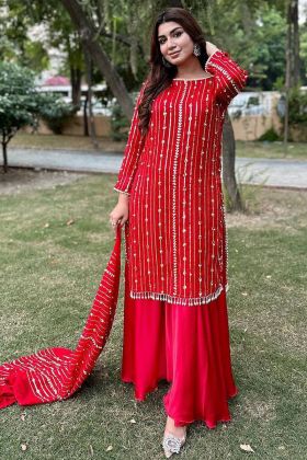 Red Embroidery Work Palazzo Salwar Suit