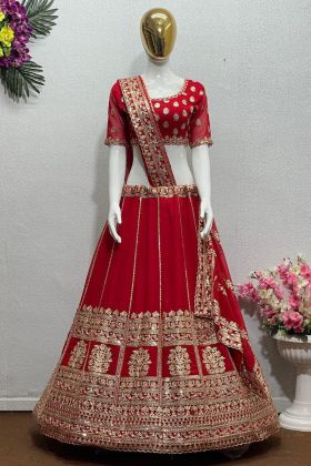 Red Faux Georgette Coding Work Wedding Lehenga Choli