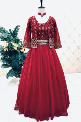 Red Faux Georgette Plain Lehenga Choli With Koti