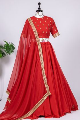 Red Georgette Plain Lehenga Choli With Dupatta