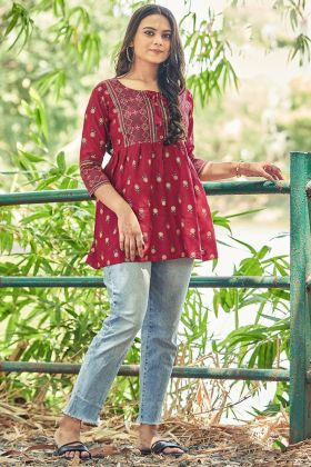 Red Heavy Rayon Printed Short Kurti