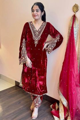 Red Pure Viscose Velvet V Neck Salwar Suit