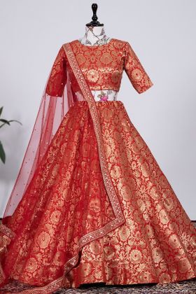 Red Zari Weaving Work Jacquard Silk Lehenga Choli