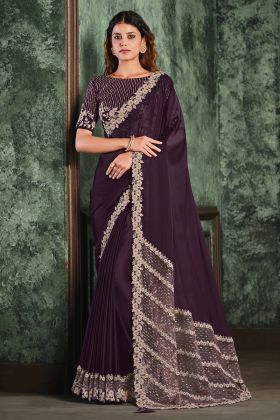 Silk Georgette Resham,Zari and Cord Embroidery Saree In Deep Purple Color